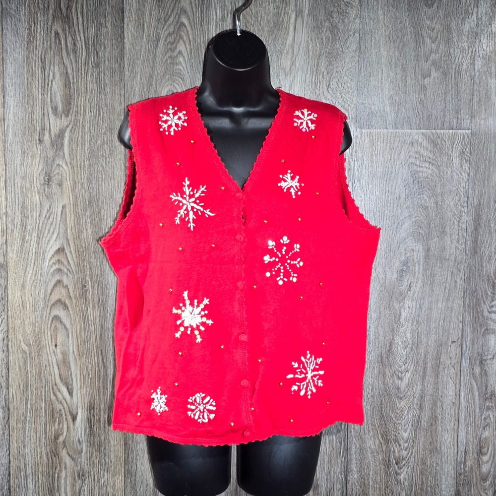 Designers Originals Red Christmas Vest Snowflake Embroidery and Beaded Detail XL